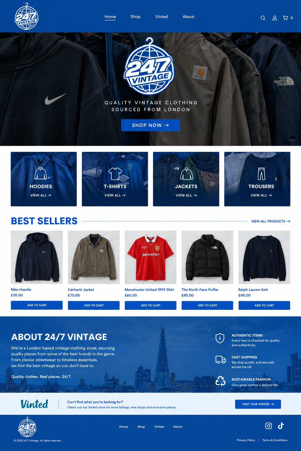 24/7 Vintage homepage featuring vintage clothing, best sellers, about section and Vinted shop link